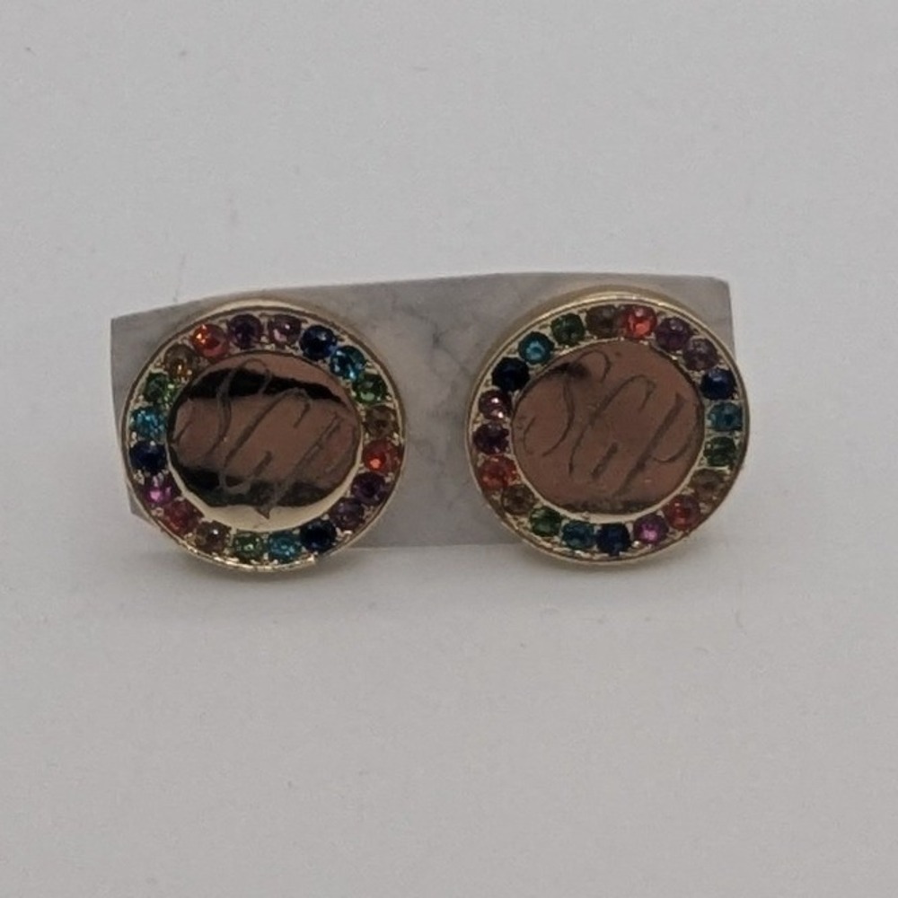 Gold Tone Rainbow Crystal Monogram Studā Earrings Round Colorful Post Backs